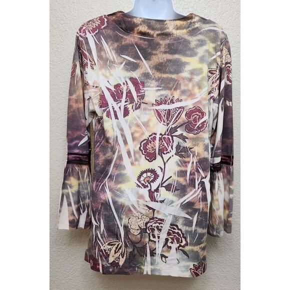 California Bloom Burgundy Green Floral Print Pleated Top Large Bell Sleeves Soft - Picture 4 of 6